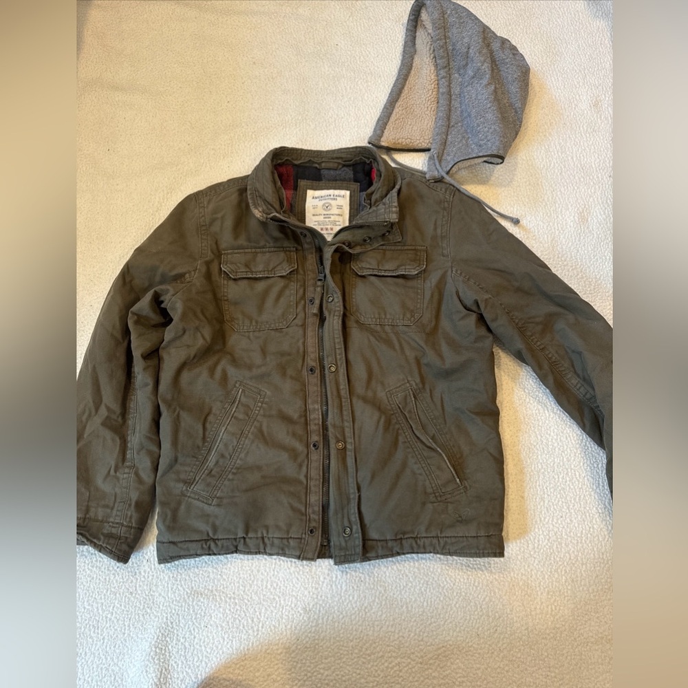American Eagle Zip Up Jacket Army Green/Brown Detachable Hood Size Medium